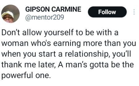 Don't be with a woman who earns more than you - South African man advises men