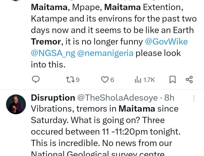 Abuja residents complain about earth tremors in Maitama