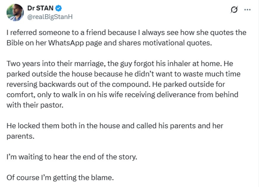 I’m getting the blame because I introduced her to him - Nigerian physician laments after a friend caught his wife having s3x with their pastor