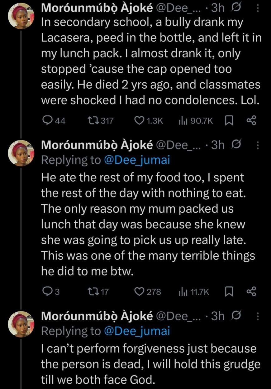 “I’ll hold this grudge till we both face God” — Lady recalls horrifying experience with secondary school bully who tampered with her drink