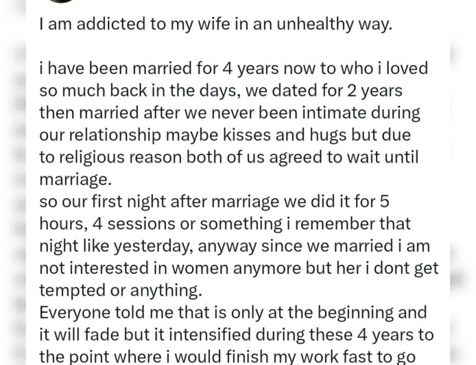 “I think I’m addicted to my wife” — Man shares how his desire for his wife has grown after 4 years of marriage